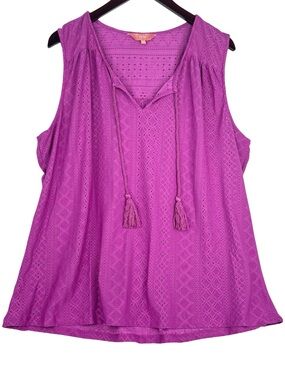Iyla Purple Sleeveless perforated Lace Crochet Look Tassel V-Neck Summer Top 2X